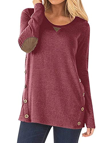 FeelinGirl Mujer Camiseta de Manga Larga con Cuello Redondo Blusa Casual de Algodón Camisa Sólido Rojo S 38