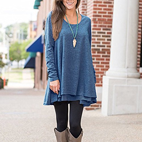 FeelinGirl Mujer Camiseta Falda Manga Larga Juntado Encaje Azul S