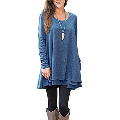 FeelinGirl Mujer Camiseta Falda Manga Larga Juntado Encaje Azul S