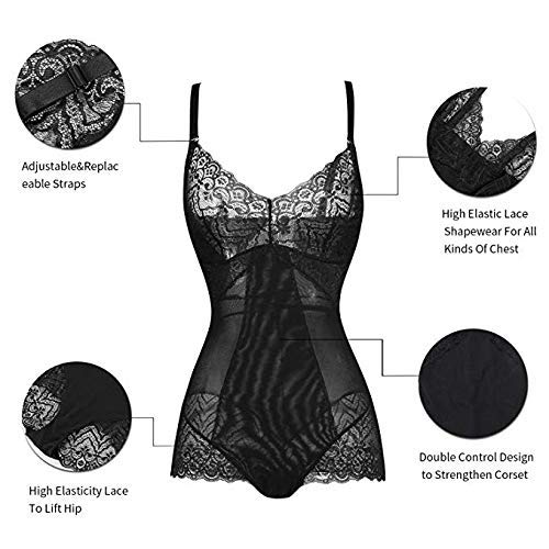 FeelinGirl Mujer Faja Reductora Sin Costura Arriba de Busto Corsé Bustier de Todo Cuerpo Ajustable Shapewear Overbust Corset Cincher Adelgazantes para Body Shaper Negro-Encaje 3XL/ES 48-50