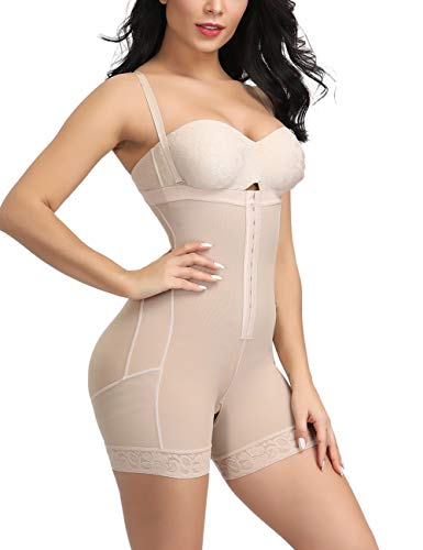 FeelinGirl Mujer Shapewear Modeladora Faja Reductora Adelgazantes Bodysuit de Cintura con Pierna Largo Dobladillo de Encaje Beige XL/Talla 42-44