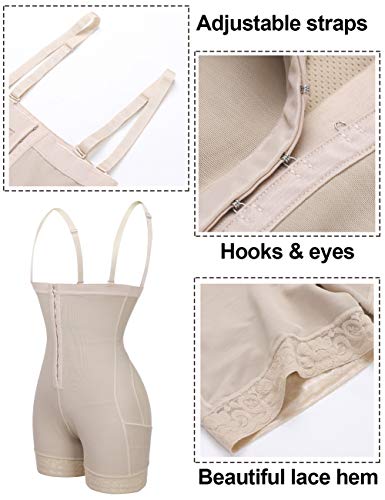 FeelinGirl Mujer Shapewear Modeladora Faja Reductora Adelgazantes Bodysuit de Cintura con Pierna Largo Dobladillo de Encaje Beige XL/Talla 42-44
