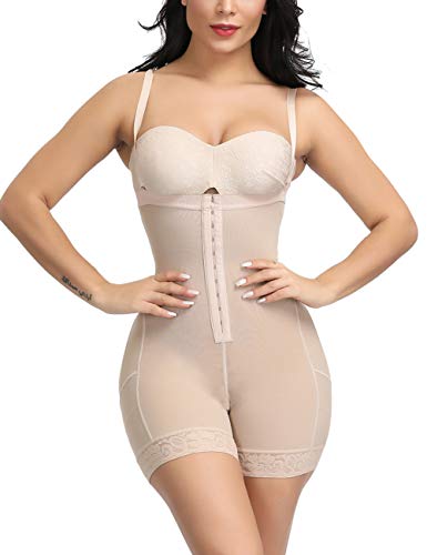 FeelinGirl Mujer Shapewear Modeladora Faja Reductora Adelgazantes Bodysuit de Cintura con Pierna Largo Dobladillo de Encaje Beige XL/Talla 42-44