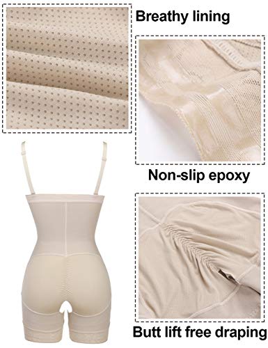 FeelinGirl Mujer Shapewear Modeladora Faja Reductora Adelgazantes Bodysuit de Cintura con Pierna Largo Dobladillo de Encaje Beige XL/Talla 42-44
