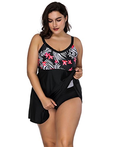 FeelinGirl Mujer Tankini Talla Grande Traje de Baño con Pantalón Corto Bañador Talla Grande Negro XXL/Talla 50-52