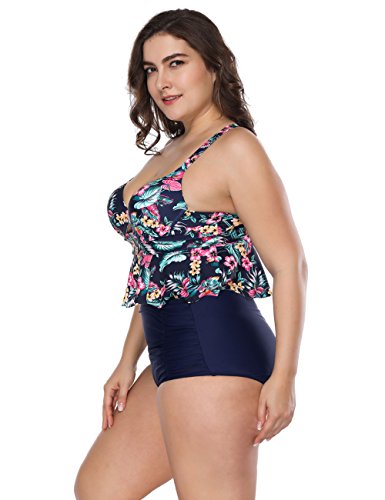 FeelinGirl Mujer Traje de Baño Bikini Estilo de Selva Tropical Talla Grande 2 Piezas Bañador Azul XXL/Talla 50-52
