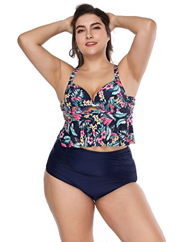 FeelinGirl Mujer Traje de Baño Bikini Estilo de Selva Tropical Talla Grande 2 Piezas Bañador Azul XXL/Talla 50-52