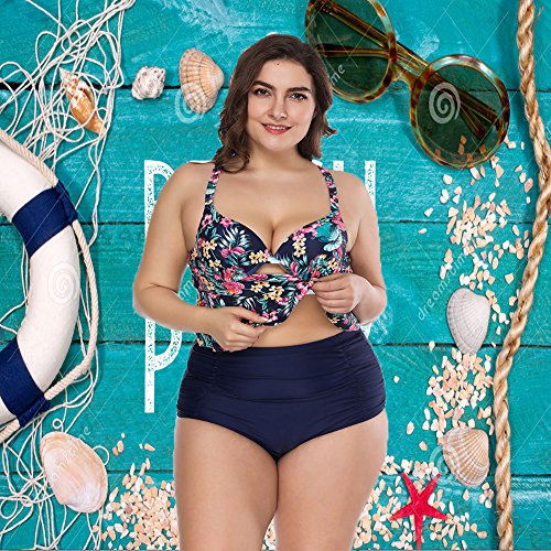 FeelinGirl Mujer Traje de Baño Bikini Estilo de Selva Tropical Talla Grande 2 Piezas Bañador Azul XXL/Talla 50-52