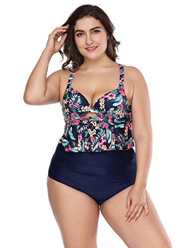 FeelinGirl Mujer Traje de Baño Bikini Estilo de Selva Tropical Talla Grande 2 Piezas Bañador Azul XXL/Talla 50-52