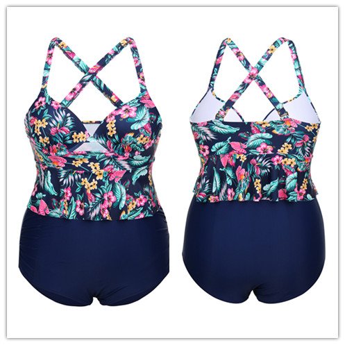 FeelinGirl Mujer Traje de Baño Bikini Estilo de Selva Tropical Talla Grande 2 Piezas Bañador Azul XXL/Talla 50-52