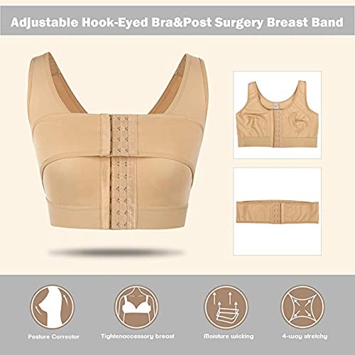 FeelinGirl Sujetador de Compresión para Mujer Tirante Ancho con Correa Independiente Ajustables Ganchos de 3 Filas Faja Postoperatoria Beige XL(Busto 104-110cm)