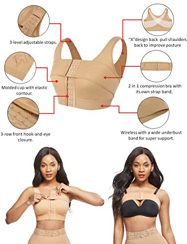 FeelinGirl Sujetador de Compresión para Mujer Tirante Ancho con Correa Independiente Ajustables Ganchos de 3 Filas Faja Postoperatoria Beige XL(Busto 104-110cm)