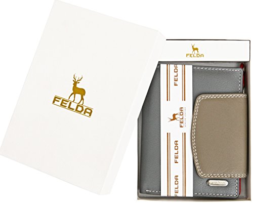 Felda - Cartera para Mujer - con Bloqueo de transmisiones RFID, Ranuras para Tarjetas y portamonedas - Cuero auténtico - Marrón grisáceo/Multicolor