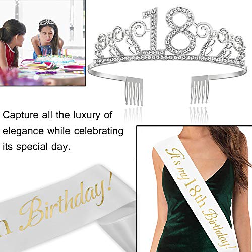 Feliz Cumpleaños 18TH, 18tth Plata Cristal Tiara Corona de Cumpleaños, Banda de Satén Brillante It’s My 18th Birthday (Es mi Cumpleaños Número 18), Regalo de 18 Cumpleaños
