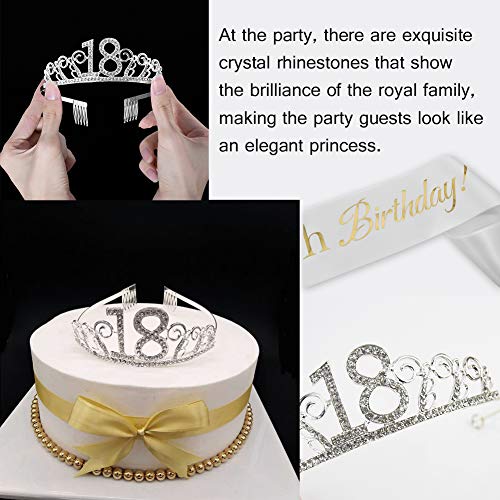 Feliz Cumpleaños 18TH, 18tth Plata Cristal Tiara Corona de Cumpleaños, Banda de Satén Brillante It’s My 18th Birthday (Es mi Cumpleaños Número 18), Regalo de 18 Cumpleaños
