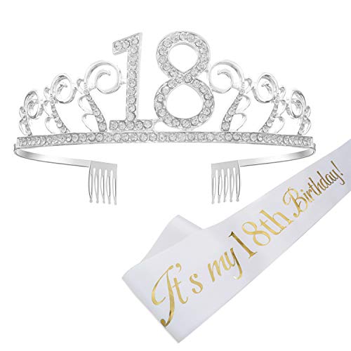 Feliz Cumpleaños 18TH, 18tth Plata Cristal Tiara Corona de Cumpleaños, Banda de Satén Brillante It’s My 18th Birthday (Es mi Cumpleaños Número 18), Regalo de 18 Cumpleaños