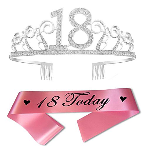 Feliz Cumpleaños 18TH,18th Plata Cristal Tiara Corona de Cumpleaños, Banda de Satén Brillante 18 Today, Regalo de 18 Cumpleaños