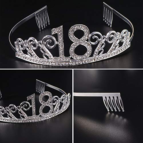 Feliz Cumpleaños 18TH,18th Plata Cristal Tiara Corona de Cumpleaños, Banda de Satén Brillante 18 Today, Regalo de 18 Cumpleaños