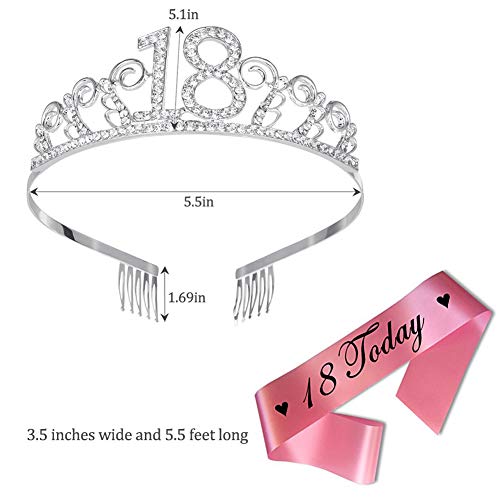 Feliz Cumpleaños 18TH,18th Plata Cristal Tiara Corona de Cumpleaños, Banda de Satén Brillante 18 Today, Regalo de 18 Cumpleaños
