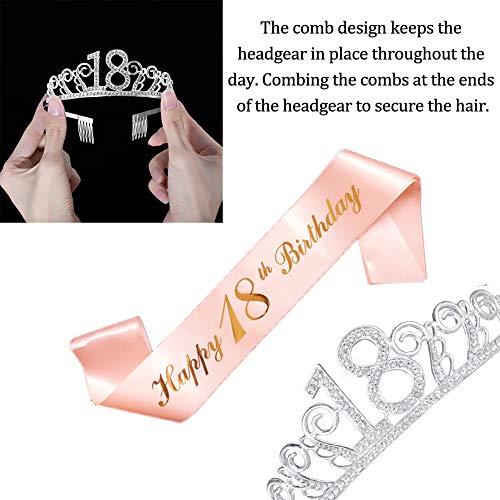 Feliz Cumpleaños 18th,18th Plata Cristal Tiara Corona de Cumpleaños, Banda de Satén Brillante Rose Gold 18th Birthday Sash, Regalo de 18 Cumpleaños