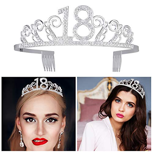 Feliz Cumpleaños 18th,18th Plata Cristal Tiara Corona de Cumpleaños, Banda de Satén Brillante Rose Gold 18th Birthday Sash, Regalo de 18 Cumpleaños