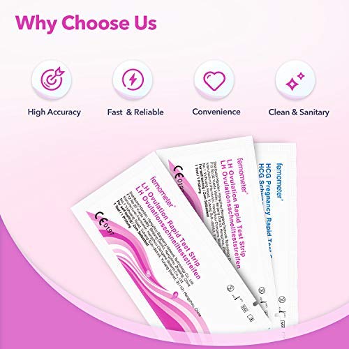 Femometer 40 test de ovulación y 10 test de embarazo ultrasensibles y Taza de orina, 20mIU/ml，Resultados Precisos con la App (iOS & Android) Reconocimiento Automático de los Resultados de las Pruebas
