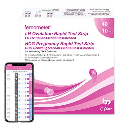 Femometer 40 test de ovulación y 10 test de embarazo ultrasensibles y Taza de orina, 20mIU/ml，Resultados Precisos con la App (iOS & Android) Reconocimiento Automático de los Resultados de las Pruebas