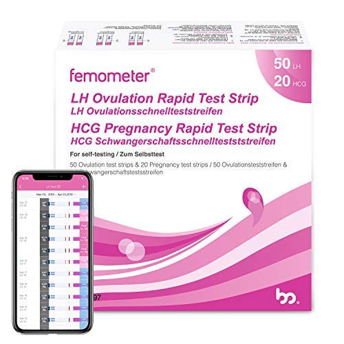 Femometer 50 test de ovulación y 20 test de embarazo ultrasensibles 20mIU/ml，Resultados Precisos con la App (iOS & Android) Reconocimiento Automático de los Resultados de las Pruebas