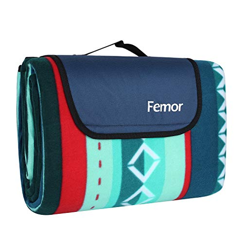Femor Manta de Picnic Impermeable, Alfombras de Playa 200 x 300cm con Base de Aluminio Duradera, Alfombra Plegable Portátil con Manija para Picnic, Playa, Senderismo, Camping, Viajes (Rayas Verdes)