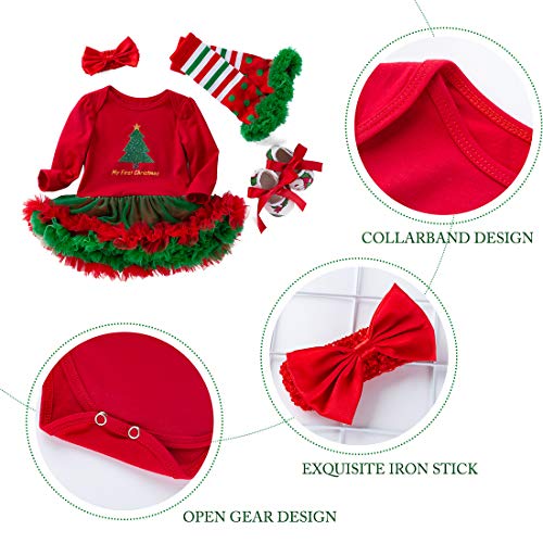 FEOYA - (Juego de 4 Vestido Traje de Navidad Tutú para Recién Nacidos Bebés Niñas con Mangas Largas Venda de Pelo y Calcetines Zapatos para Fiesta Ceremonia - Navidad Rojo - S(0-3Meses)