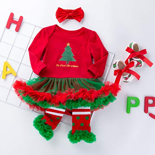 FEOYA - (Juego de 4 Vestido Traje de Navidad Tutú para Recién Nacidos Bebés Niñas con Mangas Largas Venda de Pelo y Calcetines Zapatos para Fiesta Ceremonia - Navidad Rojo - S(0-3Meses)