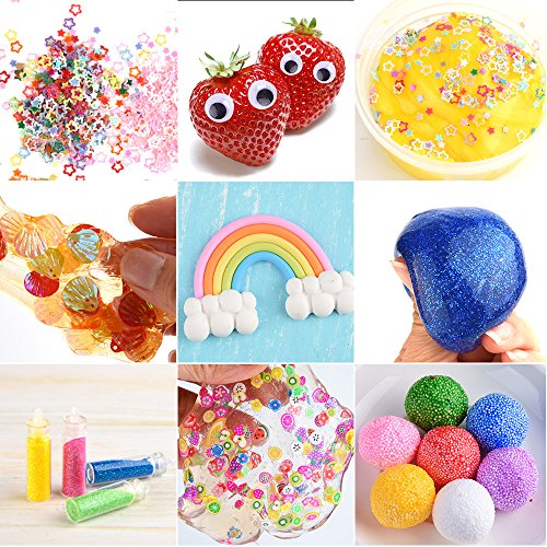 FEPITO 49 pcs slime Kit Incluyendo Bolas Pecera, Bolas Espuma, Bolas Slime, Ojos Temblorosos, Cáscara, Rebanadas, Confeti, Bolas Espuma Lodo, Herramientas Lodo, Hoja Imitación Oro, Contenedores