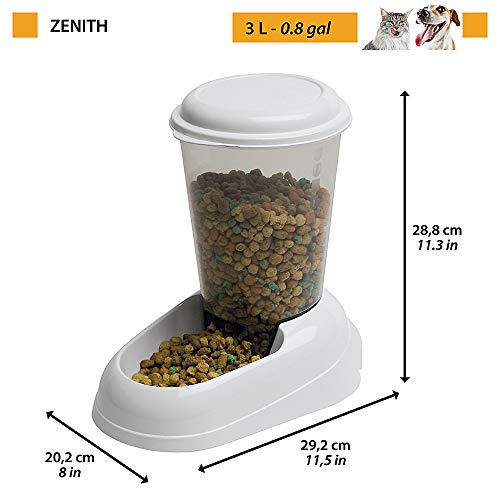 Ferplast Dispensador de Comida Seca o croquetas para Perros y Gatos 3 litros Zenith, Depósito Transparente con Tapa, Base Antideslizante, 20,2 x 29,2 x h 28,8 cm Blanco
