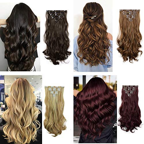 FESHFEN Clip Extensiones de Pelo Natural, 7 Piezas 16 Clips Full de Cabeza de Clip en el Pelo Extensiones de Cabello Clip Rizado 50cm Postizos de Pelo Natural Ondulado