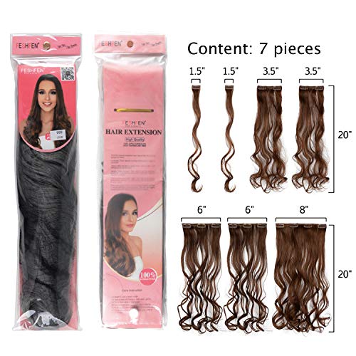 FESHFEN Clip Extensiones de Pelo Natural, 7 Piezas 16 Clips Full de Cabeza de Clip en el Pelo Extensiones de Cabello Clip Rizado 50cm Postizos de Pelo Natural Ondulado