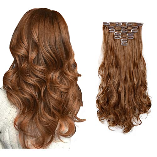 FESHFEN Clip Extensiones de Pelo Natural, 7 Piezas 16 Clips Full de Cabeza de Clip en el Pelo Extensiones de Cabello Clip Rizado 50cm Postizos de Pelo Natural Ondulado