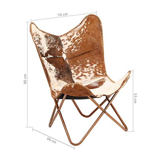 Festnight Estilo Vintage Silla de Mariposa de Piel de Cabra Auténtica Completamente Hecha a Mano Marrón y Blanca 74 x 66 x 90 cm