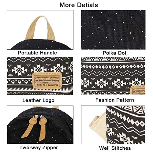 FEWOFJ Mochila Escolar Chicas Lona Vintage Backpack Canvas Casual + Bolsa del Almuerzo + Monedero Grande 3pcs (Negro)