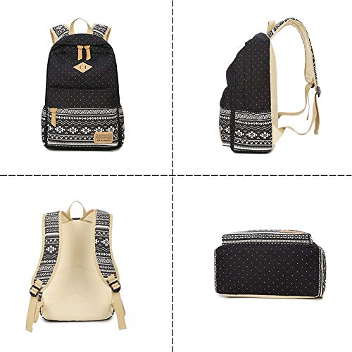 FEWOFJ Mochila Escolar Chicas Lona Vintage Backpack Canvas Casual + Bolsa del Almuerzo + Monedero Grande 3pcs (Negro)