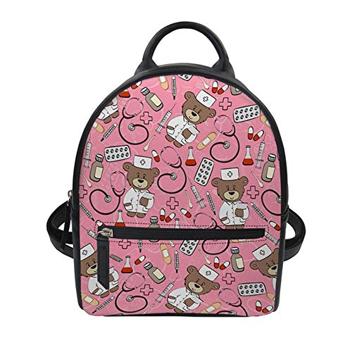 fhdc Mochila Cute Cartoon Nurse Bear Girls Mochila Pequeña PU Leather Pink Hombro Mini Mochila para Mujer Casual String Daypack   H4652Z4