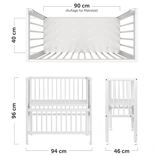 Fillikid - Minicuna de colecho Vario 2 en 1 / Cuna adosada abatible - también para camas con canapé, regulable en altura, con ruedas / 90x40 cm / Madera maciza de haya blanca