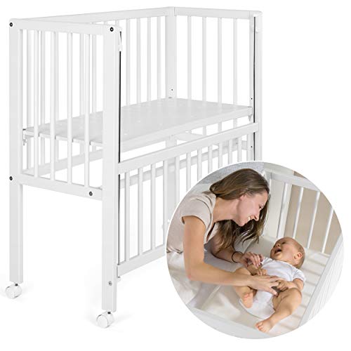 Fillikid - Minicuna de colecho Vario 2 en 1 / Cuna adosada abatible - también para camas con canapé, regulable en altura, con ruedas / 90x40 cm / Madera maciza de haya blanca