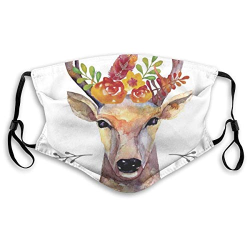 Fillter?Face?Cloth?for?pepole,Deer Portrait In Watercolor Painting Style Boho Flower Bouquet Hipster Rustic Artwork,Reusable?Windproof?Mouth?Anti?Dust??Double?Protection