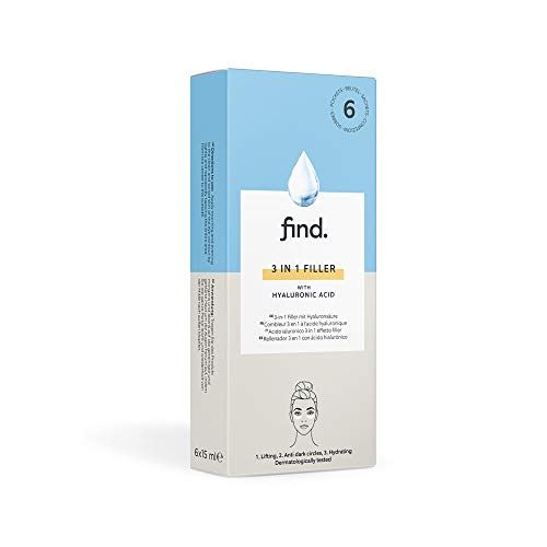 FIND - Rellenador de ácido hialurónico 3 en 1 (reafirmante, antiojeras y con acción drenante), 6 envases de 15 ml