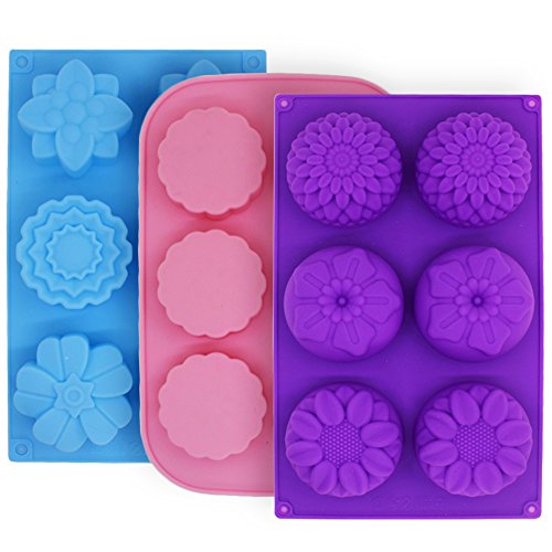 FineGood Molde de Pastel de Silicona con 3 moldes para Pastel, moldes de Flores Hacer Galletas de Chocolate con gelatina, Bandejas de jabón Artesanal de Bricolaje, 6 cavidades, Azul, Rosa