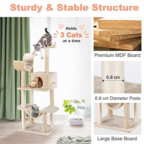 Finether Árbol Rascador para Gatos con Nidos, Juguete de Sisal Natural para Gatos con Plataformas, Color Beige