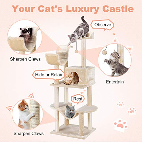 Finether Árbol Rascador para Gatos con Nidos, Juguete de Sisal Natural para Gatos con Plataformas, Color Beige