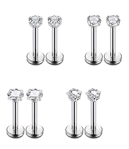 Finrezio 8 Piezas 16G Acero Quirúrgico Piercings de Labios Cuatro Estilo Tono Plateado 6MM Joyas para el Cuerpo Set de Joyería