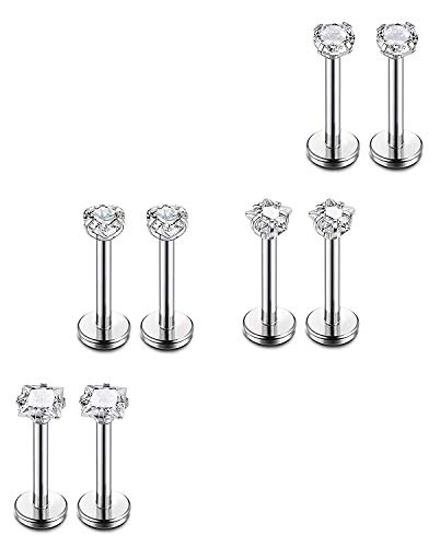 Finrezio 8 Piezas 16G Acero Quirúrgico Piercings de Labios Cuatro Estilo Tono Plateado 6MM Joyas para el Cuerpo Set de Joyería