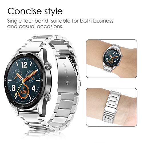 Fintie Correa Compatible con Huawei Watch GT 2/Huawei Watch GT 46mm Sport/Classic/Active/Elite - Pulsera de Repuesto de Acero Inoxidable Banda Ajustable de Metal, Plateado